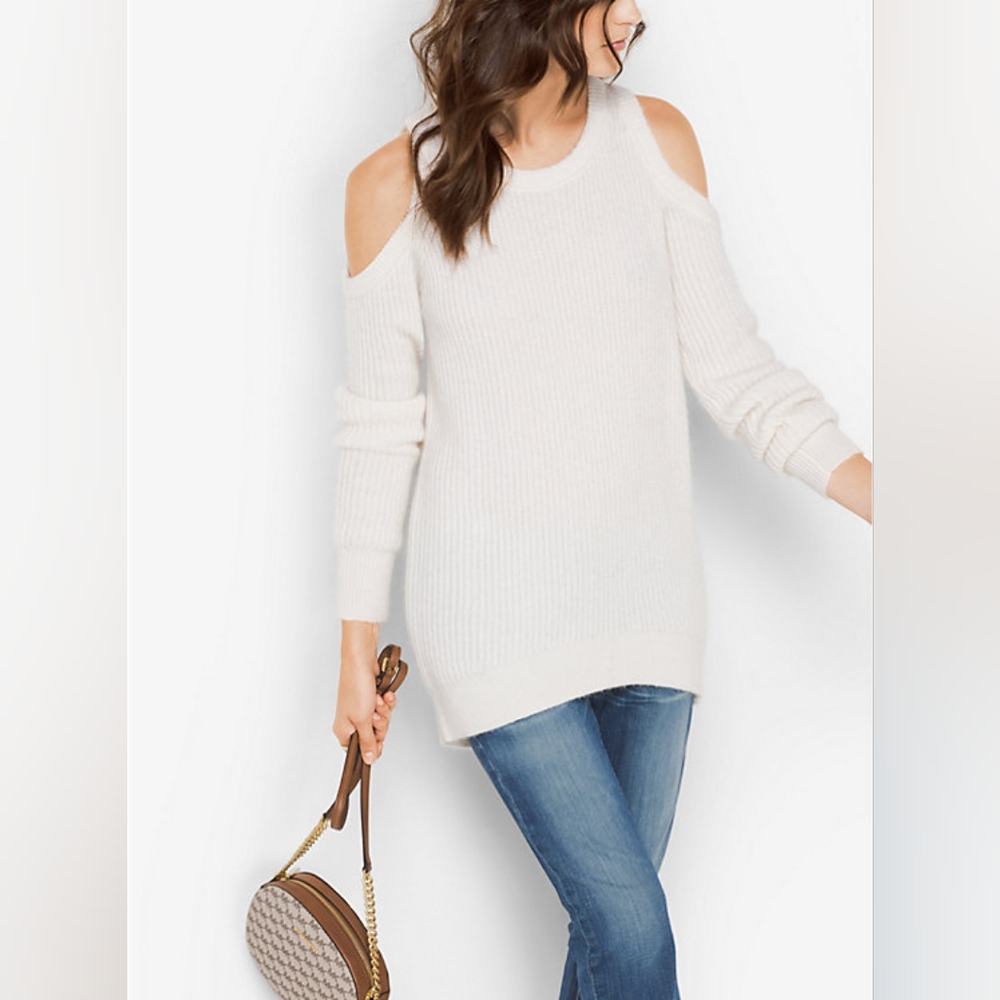 Michael Kors Cold Shoulder Cutouts Wool Blend Sweater with Knitted Texture